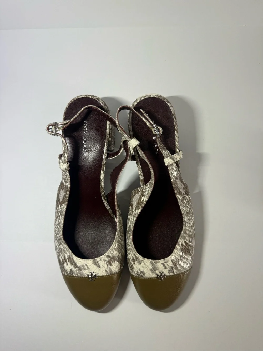 Tory Burch Snake-Print Slingback Pumps with Olive Cap Toe size 8  Mary Jane heel